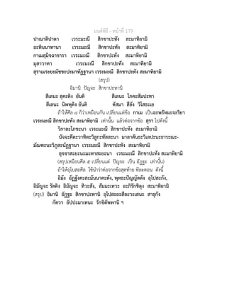 มนตพิธี - หนาที่ 179
ปาณาติปาตา เวระมะณี สิกขาปะทัง สะมาทิยามิ
อะทินนาทานา เวระมะณี สิกขาปะทัง สะมาทิยามิ
กาเมสุมิจฉาจารา เวระมะณี สิกขาปะทัง สะมาทิยามิ
มุสาวาทา เวระมะณี สิกขาปะทัง สะมาทิยามิ
สุราเมระยะมัชชะปะมาทัฏฐานา เวระมะณี สิกขาปะทัง สะมาทิยามิ
(สรุป)
อิมานิ ปญจะ สิกขาปะทานิ
สีเลนะ สุคะติง ยันติ สีเลนะ โภคะสัมปะทา
สีเลนะ นิพพุติง ยันติ ตัสมา สีลัง วิโสธะเย
ถาใหศีล ๘ ก็วาเหมือนกัน เปลี่ยนแตขอ กาเม เปนอะพรัหมะจะริยา
เวระมะณี สิกขาปะทัง สะมาทิยามิ เทานั้น แลวตอจากขอ สุรา ไปดังนี้
วิกาละโภชะนา เวระมะณี สิกขาปะทัง สะมาทิยามิ
นัจจะคีตะวาทิตะวิสูกะทัสสะนา มาลาคันธะวิเลปะนะธาระณะ-
มัณฑะนะวิภูสะนัฏฐานา เวระมะณี สิกขาปะทัง สะมาทิยามิ
อุจจาสะยะนะมะหาสะยะนา เวระมะณี สิกขาปะทัง สะมาทิยามิ
(สรุปเหมือนศีล ๕ เปลี่ยนแต ปญจะ เปน อัฏฐะ เทานั้น)
ถาใหอุโบสถศีล ใชนำวาตอจากขอสุดทาย ทีละตอน ดังนี้
อิมัง อัฏฐังคะสะมันนาคะตัง, พุทธะปญญัตตัง อุโปสะกัง,
อิมัญจะ รัตติง อิมัญจะ ทิวะสัง, สัมมะเทวะ อะภิรักขิตุง สะมาทิยามิ
(สรุป) อิมานิ อัฏฐะ สิกขาปะทานิ อุโปสะถะสีละวะเสนะ สาธุกัง
กัตวา อัปปะมาเทนะ รักขิตัพพานิ ฯ
 