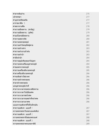 คาลากลับบ ้าน 275
เข ้าพรรษา 277
คาบูชาพรรัตนตรัย 277
อาราธนาศีล 5 277
คาสมาทานศีล 278
คาถวายสังฆทาน (สามัญ) 279
คาถวายสังฆทาน (อุทิศ) 279
คาอปโลกน์สังฆทาน 280
คาถวายสลากภัต 280
คาถวายพระพุทธรูป 281
คาถวายผ ้าไตรอุทิศผู้ตาย 282
คาถวายข ้าวสาร 283
คาถวายผ ้าอาบน้าฝน 283
คาถวายผ ้าป่ า 283
คาชักผ ้าป่ า 284
คาถวายธูปเทียนดอกไม ้บูชา 284
คาถวายพระเครื่องบูชาพระภูมิ 284
คาขอพรจากพระภูมิ 285
คาถวายเครื่องสังเวยพระภูมิ 285
คาลาเครื่องสังเวยพระภูมิ 286
คาจบขันข ้าวใส่บาตร 286
คาถวายข ้าวพระพุทธ 286
คาลาข ้าวพระพุทธ 286
บทบูชาพระภูมิเจ ้าที่ 286
คาภาวนาเวลาก่อพระเจดีย์ทราย 286
คาภาวนาเวลาไปเยี่ยมศพ 286
คาภาวนาเวลารดน้าศพ 286
คาภาวนาเวลาทอดผ ้าที่หน้าศพ 286
คาภาวนาเวลาเผาศพ 286
แบบถวายอติเรกที่ใช ้ในปัจจุบัน :
คาถวายอติเรก แบบที่ 1 287
ถวายพระพรลาในหลวงองค์เดียว 287
คาถวายอติเรก แบบที่ 2 287
ถวายพระพรลาทั้งสองพระองค์ 288
คาถวายอติเรก แบบที่ 3 288
ถวายพระพรลาพระบรมราชินี 289
 