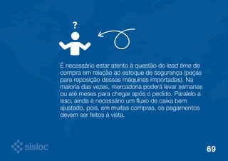 É necessário estar atento à questão do lead time de 
compra em relação ao estoque de segurança (peças 
para reposição dessas máquinas importadas). Na 
maioria das vezes, mercadoria poderá levar semanas 
ou até meses para chegar após o pedido. Paralelo a 
isso, ainda é necessário um fluxo de caixa bem 
ajustado, pois, em muitas compras, os pagamentos 
devem ser feitos à vista. 
69 
 