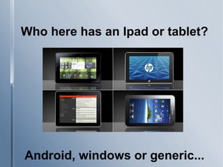 Who here has an Ipad or tablet?
Android, windows or generic...
 