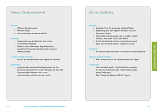 Abstract: Geräte mit Android                               Abstract: Kindle Fire




     Vorteile:                                                  Vorteile:
         ++ Offenes Betriebssystem                                  ++ Niedriger Preis für ein gutes Android-Tablet
         ++ Mehrere Shops                                           ++ Bezahlung über den eigenen Amazon-Account
         ++ Auch preiswerte Modelle erhältlich                      	 (bekannter Shop)
                                                                    ++ Unkomplizierter Zugang zu einer großen ­ nzahl
                                                                                                                A
     Nachteile:                                                     	 E-Books, aber auch Videos und Musik
        –– Fragmentierung des Marktes durch viele                   ++ Durch das Android-Betriebssystem können auch
        	 verschiedene Modelle                                      	 Apps von Fremdherstellern installiert werden




                                                                                                                                   www.ebooklabs.de
        –– Dadurch sehr aufwendige App-Produktion,
        	 da zahlreiche Geräte getestet werden müssen           Nachteile:
        –– Wenig Updates                                           –– Im Amazon Shop weiterhin nur Amazon-Formate lieferbar

     Lesbare E-Book-Formate:                                    Lesbare E-Book-Formate:
         •	 Bis auf die Sonderformate von Apple alle Formate        •	 Alle Formate bis auf die Sonderformate von Apple

     Zielgruppe:                                                Zielgruppe:
          •	 Aufgrund des niedrigen Einstiegspreises bei ein-        •	 Hohe Verkäufe auch in Deutschland zu erwarten
          	 kommensschwächeren Käufern Beliebter als das iPad        	 (in USA das meistverkaufte Tablet), daher große,
          •	 Gleichermaßen Männer und Frauen                         	 breite Zielgruppe
          •	 Altersstruktur verteilt sich etwas mehr                 •	 Mehr Frauen als Männer (56,6 % Frauen)




64                 Lucas Lüdemann, l.luedemann@ebooklabs.de                                                                   65
 