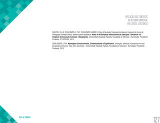 APLICAÇÃO DOS CONCEITOS
DO DESENHO UNIVERSAL
EM CURSOS A DISTÂNCIA
VOLTA AO SUMÁRIO
127
SANTOS, D.A.N; SCHLÜNZEN, E.T.M.; SCHLÜNZEN JUNIOR. O Eixo Articulador Educação Inclusiva e Especial do Curso de
Pedagogia Univesp/Unesp: análise quanti-qualitativa. Anais do III Simpósio Internacional de Educação a Distância e V
Simpósio de Educação Inclusiva e Adaptações. Universidade Estadual Paulista, Faculdade de Ciências e Tecnologia. Presidente
Prudente: FCT/CPIDES, 2015.
SCHLÜNZEN, E.T.M. Abordagem Construcionista, Contextualizada e Significativa: formação, extensão e pesquisa em uma
perspectiva inclusiva. Tese (livre-docência) - Universidade Estadual Paulista, Faculdade de Ciências e Tecnologia. Presidente
Prudente, 2015.
 