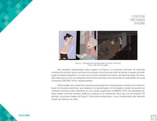 O STORYTELLING
COMO TECNOLOGIA
EDUCACIONAL
VOLTA AO SUMÁRIO
173
Figura 2 – Demandas de representação Funcional e Temporal.
Fonte: e-Tec Idiomas Inglês.
Nas situações representadas pelas imagens da Figura 2 se observam exemplos de diferentes
contextos da vida real, sendo a primeira uma situação comunicacional onde há dúvidas a respeito da locali-
zação de lugares específicos, e a outra uma cena de sucessões de eventos, de potencial perigo. Tais situa-
ções relacionam-se com as categorias anteriormente descritas como demandas de característica funcional
e temporal (CAETANO, 2014), respectivamente.
Cabe ressaltar que o tratamento visual dos personagens em cada situação corrobora com a demons-
tração de emoções específicas, que colaboram na representação de informações e podem acrescentar ao
conteúdo emocional, parte importante de uma narrativa significativa (LAMBERT, 2010). No storytelling ilus-
trado existem inúmeras maneiras didáticas e práticas de se representar vários tipos de informações. Por
exemplo, na primeira imagem da Figura 2, Rosa está envergonhada, o que é representado pelo elemento
rosado que adereça seu rosto.
 