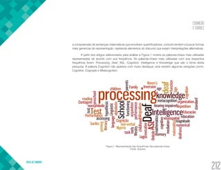 COGNIÇÃO
E SURDEZ
VOLTA AO SUMÁRIO
212
a compreensão de sentenças matemáticas que envolvam quantificadores, contudo tendem a buscar formas
mais genéricas de representação, rejeitando elementos do discurso que exijam interpretações alternativas.
A partir dos artigos selecionados para análise a Figura 1 mostra as palavras-chave mais utilizadas
representadas de acordo com sua frequência. As palavras-chave mais utilizadas com sua respectiva
frequência foram: Processing, Deaf, ASL, Cognition, Intelligence e Knowledge que são o tema desta
pesquisa. A palavra Cognition não aparece com muito destaque, pois existem algumas variações como:
Cognitive, Cognição e Metacognition.
Figura 1. Representação das frequências das palavras-chave.
Fonte: Autores.
 