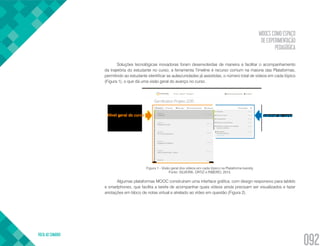 MOOCS COMO ESPAÇO
DE EXPERIMENTAÇÃO
PEDAGÓGICA
VOLTA AO SUMÁRIO
092
Soluções tecnológicas inovadoras foram desenvolvidas de maneira a facilitar o acompanhamento
da trajetória do estudante no curso, a ferramenta Timeline é recurso comum na maioria das Plataformas,
permitindo ao estudante identificar as aulas/unidades já assistidas, o número total de vídeos em cada tópico
(Figura 1), o que dá uma visão geral do avanço no curso.
Figura 1 - Visão geral dos vídeos em cada tópico na Plataforma Iversity.
Fonte: SILVEIRA, ORTIZ e RIBEIRO, 2015.
Algumas plataformas MOOC construíram uma interface gráfica, com design responsivo para tablets
e smartphones, que facilita a tarefa de acompanhar quais vídeos ainda precisam ser visualizados e fazer
anotações em bloco de notas virtual e atrelado ao vídeo em questão (Figura 2).
 