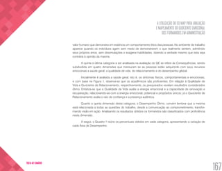 A UTILIZAÇÃO DO EQ MAP PARA AVALIAÇÃO
E MAPEAMENTO DO QUOCIENTE EMOCIONAL
DOS FORMANDOS EM ADMINISTRAÇÃO
167
VOLTA AO SUMÁRIO
valor humano que demonstra em essência um comportamento ético das pessoas. No ambiente de trabalho
aparece quando os indivíduos agem sem medo de demonstrarem o que realmente sentem, admitindo
seus próprios erros, sem dissimulações e exagerar habilidades, dizendo a verdade mesmo que esta seja
contrária à opinião da maioria.
A quinta e última categoria a ser analisada na avaliação do QE se refere às Consequências, sendo
subdividida em quatro dimensões que mensuram se as pessoas estão adquirindo com seus recursos
emocionais a saúde geral, a qualidade de vida, do relacionamento e do desempenho global.
Inicialmente é avaliada a saúde geral, isto é, os sintomas físicos, comportamentais e emocionais,
e com base na Figura 1, observa-se que os acadêmicos são proficientes. Em relação à Qualidade de
Vida e Quociente de Relacionamento, respectivamente, os pesquisados revelam resultados considerados
ótimo. Enfatiza-se que a Qualidade de Vida avalia a energia emocional e a capacidade de renovação e
recuperação, relacionando-se com a energia emocional, potencial e propósitos únicos; já o Quociente de
Relacionamento avalia o raio de confiança e a presença autêntica.
Quanto a quinta dimensão desta categoria, o Desempenho Ótimo, convém lembrar que a mesma
está relacionada a todas as questões do trabalho, desde a comunicação ao comprometimento, transfor-
mando visão em ação. Analisando os resultados obtidos os formandos são classificados com proficiência
nesta dimensão.
A seguir, o Quadro 1 reúne os percentuais obtidos em cada categoria, apresentando a variação de
cada Área de Desempenho.
 