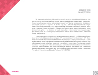 ATIVIDADES DE ESTUDO
EM AMBIENTES DIGITAIS
056
VOLTA AO SUMÁRIO
Na análise dos escritos dos participantes, o discurso de um dos estudantes respondente foi: acre-
dito que “um dos pontos mais delicados do curso seja o acompanhamento das atividades.” (Estudante 2).
Nessa mesma linha argumentativa, outro estudante ressalta: em “algumas vezes encontrei dificuldade na
comunicação, pois não tive respostas de algumas perguntas.” (Estudante 28). Outro estudante comple-
menta o discurso argumentando que “o diálogo via Moodle nem sempre é dinâmico e presencial, dificul-
tando a realização imediata da atividade.” (Estudante 26). Sugerem, ainda, que as “respostas dos tutores
deve ser mais ágil […] e as atividades de estudo planejadas e implementadas “com mais orientação”
(Estudante 6), a fim de que consigamos “interação maior entre os alunos e entre alunos e professores/
tutores.” (Estudante 16).
Esses apontamentos convergem com os dados evidenciados na figura 2: 6% dos estudantes concor-
daram plenamente; 55% concordaram em parte; 10% não concordaram nem discordaram; 10% discor-
daram em parte e 3% discordaram completamente da declaração que a mediação de professores e tutores
em atividades de estudo colaborativas contemplou diálogo-problematizador em torno dos conteúdos curri-
culares para a formação pedagógica. Novamente, a parcialidade é predominante. Para nós, esse resultado
elucida que a educação como prática da liberdade, que se constitui não na transferência de conhecimentos
(como uma operação bancária), mas sim na sua construção através da ação-reflexão-ação sustentada no
diálogo-problematizador, é um desafio tanto para professores quanto para tutores do curso a distância de
Formação de Professores para Educação Profissional da UAB/UFSM.
 