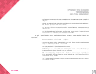 REPRESENTAÇÕES SOCIAIS DE ESTUDANTES
E PROFESSORES ACERCA DA
CIÊNCIA ESCOLAR SOBRE A SOCIEDADE
071
VOLTA AO SUMÁRIO
P3- Demora ao conhecimento de ponta chegar a ponto de se mudar o que deve ser ensinado no
“2º grau”.
P4- Não. No geral não muda. Muitas vezes trabalhamos com métodos que não estão atualizados.
Mas depois de alguns anos pode haver mudanças.
P5 - Sim, com o avanço do conhecimento científico, devemos aprimorar o desenvolvimento da
ciência escolar.
P6 – A medida que nosso conhecimento científico muda, avança também o ensino da Ciência
escolar. O fato é que a Ciência se tornou também muito específica.
e) Qual a relação entre a ciência que se ensina (ciência escolar) e que se aprende e a vida em
sociedade?
P1- Valores distintos de uma sociedade, e outro formal.
P2- Como falei na parte anterior, uma está ligada uma a outra, sempre visando a compreensão e a
carga que os alunos trazem da vida e da sociedade.
P3- Tentar traduzir para o mundo real definições da ciência.
P4- A diferença é a que se ensina é de forma teórica, a que se aprende é observando métodos que
as pessoas possuem para se relacionar e viver em sociedade.
P5 - É necessário que haja uma ligação entre a ciência que se ensina e a que se aprende, pois
a vida na sociedade depende de algumas normas, para que haja o pleno desenvolvimento do
conhecimento de cada cidadão.
P6 – A relação sobre a necessidade do público escolar por subsídios daquilo que o aluno aprende
nos conteúdos científicos.
 
