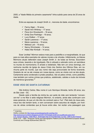 2005, a "Idade Média do primeiro casamento" tinha subido para cerca de 25 anos de
idade.

       Entre as esposas de Joseph Smith Jr., menores de idade, encontramos:

              Fanny Alger – 16 anos;
              Sarah Ann Whitney – 17 anos;
              Flora Ann Woodworth – 16 anos;
              Emily Dow Partridge – 19 anos;
              Lucy Walker – 17 anos;
              Sarah Lawrence – 17 anos;
              Maria Lawrence – 19 anos;
              Melissa Lott – 19 anos;
              Nancy Winchester – 14 anos;
              Helen Mar Kimball – 14 anos;

      Esse “profeta” Mórmon estava mais para a pedofilia e a marginalidade, do que
para os mais altos exemplos de valores morais e de virtudes. Infelizmente, os líderes
Mórmons atuais defendem esse Joseph Smith Jr. de todas as formas. Escondem
seus crimes, taxando-o de injustiçado. Ele é cultuado e adorado como um semideus
no mundo do mormonismo. É amado e idolatrado. Não tem um único domingo, em
nenhuma reunião da Igreja de Jesus Cristo dos Santos dos Últimos Dias, em ne-
nhuma parte do mundo, que seu nome não seja pronunciado de forma reverente.
Gostaria de ver se ele vivesse em nossa época, como se viraria com as leis atuais.
Certamente seria condenado à prisão perpétua, não só pelos crimes, como pedofilia,
mas também por outros crimes que praticou, estelionato, calotes e roubo de imóveis
de membros ignorantes.27

ESSE VEIO DE SANTA CATARINA!

      Olá Antônio Carlos. Meu nome é Luís Henrique Almeida, tenho 26 anos, sou
de São José – SC.
      Desde cedo a família da minha tia, por parte de mãe vem tentando “conven-
cer-me” a me filiar à seita religiosa Mórmon, no entanto, ainda eles continuam com
essa paranoia, de que um dia irão me conduzir para a “luz”. Pelo lado de meus pais,
meus tios não tentam tanto, e nem conversam sobre assuntos de religião, por moti-
vos de várias contendas que já houve entre eles. Irei recitar uma passagem que

27
   FONTES:
Gráfico cortesia da http://www.wivesofjosephsmith.org/Age.htm
http://sobreomormonismo.blogspot.com/2011/07/joseph-smith-era-qualificado-para.html
U.S. Census Bureau, Table MS-2, "Estimated Age at First Marriage, by Sex: 1890 to the Present"
Smith, D.S. - 1993. "American Family and Demographic Patterns and the Northwest European Model",
Continuity and Change 8(December):389-415

                                                                                            114
 