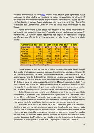 números apresentados no meu blog fossem reais. Houve quem apontasse outros
endereços de sites criados por membros da Igreja, para contestar os números. O
que eles não conseguiam entender é que eu nunca inventei nada. Todas as infor-
mações, tabelas e gráficos foram criados por mim mesmo, a partir das informações
estatísticas das Conferencias Gerais de abril de vários anos encontrados no site
lds.org.
       Agora apresentarei outros dados mais recentes e não menos importantes so-
bre “a igreja que mais cresce no mundo”, ou seja, sobre a mentira do crescimento do
mormonismo. Os números estão disponíveis nas páginas de estatísticas da igreja
das Conferencias Gerais de abril de cada ano, no site lds.org. Vejamos a tabela
abaixo:

        Comparativo de os anos de 2011 com os anos de 2010 e 2000
        Diferenças     2000     2010      %       2011        %
        Estacas          2581     2896    12,20     2946       1,73
        Missões           334      340     1,80      340       0,00
        Distritos         621      614   - 1,13      608     - 0,98
        Alas/Ramos      25915    28660    10,59    28784       0,43
        Crianças        81450 120528      47,98 119917       - 0,51
        Batismos      273973 272814      - 0,42 281312         3,11
        Missionários    60784    52225 - 14,08     55410       6,10
        Fonte: lds.org – Antonio Carlos Popinhaki

       O que podemos deduzir com os números apresentados pela própria igreja?
Que só não enxerga quem não quer enxergar. Vou comentar apenas os números de
2011 em relação ao ano de 2010. Quantidade de Estacas: Crescimento de 1,73% é
crescer quase nada. 50 Estacas foram criadas em um ano, contra uma média histó-
rica anual de 16 Estacas em 180 anos de existência da igreja. Alguém poderá dizer:
Oh! Esta é a prova de que a igreja está crescendo. Mas outros membros dirão: “(...),
pois se divide uma ala de 160 membros em duas de 80 mantendo as duas na mes-
ma capela, trocando assim 6 por meia dúzia e trazendo bem poucos resulta-
dos”. Não são minhas palavras. São palavras de membros ativos da Igreja.
       Estas Estacas, na sua maioria foram forjadas, a partir da mesma quantidade
de membros já existentes. Não houve batismos significativos que justificasse a cria-
ção de 50 novas Estacas. A conclusão que chego é que houve uma espécie de ma-
nipulação para mostrar aos membros mais desatentos uma imagem de crescimento,
mas que na verdade, a realidade é outra, para os mais atentos aos números.
       Nenhuma nova missão foi criada em 2011? Como uma igreja que se diz mis-
sionária e que tem por referencia uma pedra, que literalmente está rolando, pode
avançar sem a criação de novas missões anuais? Simplesmente não criaram novas
missões porque não estão conseguindo nem manter as missões atuais. As missões
têm um custo fixo elevado. Estão inclusos aluguéis de imóveis, mesadas dos missi-
onários, despesas dos Presidentes da missão e família, incluindo mordomias como
apartamentos, empregadas domésticas e colégios particulares para os filhos.

                                                                                 40
 
