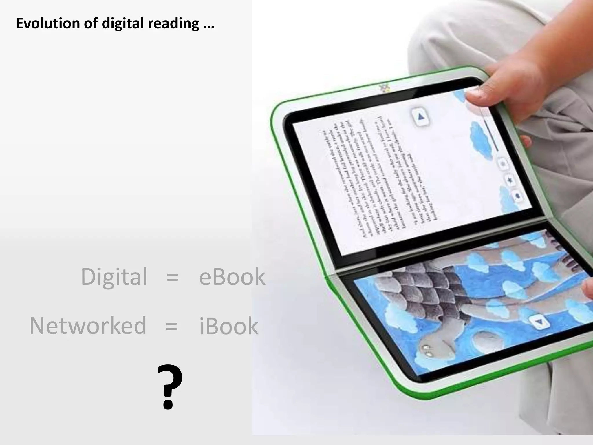 Evolution of digital reading …  eBookDigital   =Networked   =iBook?