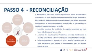 PASSO	4		- RECONCILIAÇÃO
A Reconciliação tem como objetivo equilibrar os planos de demanda e
suprimento e os riscos e oportunidades resultantes das etapas anteriores. É
feito então um planejamento de cenários financeiros que devem sempre ser
alinhados com os objetivos estratégicos da empresa e às metas globais do
negócio. O grupo sênior passa a ter então:
• A revisão completa das tendências do negócio, garantindo que nada
tenha sido deixado de fora do ciclo;
• A revisão dos assuntos críticos/problemas, tomando decisão sobre os
assuntos competentes e direcionando outros para a Alta Administração;
• O desenvolvimento da agenda para que a Revisão Executiva tome as
ações necessárias e/ou forneça o direcionamento para os assuntos
críticos do ciclo.
 
