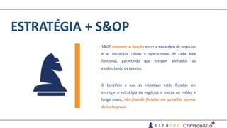 ESTRATÉGIA	+	S&OP
• S&OP promove a ligação entre a estratégia de negócios
e as iniciativas táticas e operacionais de cada área
funcional, garantindo que estejam alinhados ou
evidenciando os desvios.
• O benefício é que as iniciativas estão focadas em
entregar a estratégia de negócios e metas no médio e
longo prazo, não ficando focadas em questões apenas
de curto prazo.
 
