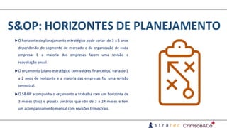 S&OP:	HORIZONTES	DE	PLANEJAMENTO
uO horizonte de planejamento estratégico pode variar de 3 a 5 anos
dependendo do segmento de mercado e da organização de cada
empresa. E a maioria das empresas fazem uma revisão e
reavaliação anual.
uO orçamento (plano estratégico com valores financeiros) varia de 1
a 2 anos de horizonte e a maioria das empresas faz uma revisão
semestral.
uO S&OP acompanha o orçamento e trabalha com um horizonte de
3 meses (fixo) e projeta cenários que vão de 3 a 24 meses e tem
um acompanhamento mensal com revisões trimestrais.
 