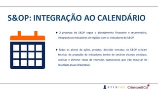 S&OP:	INTEGRAÇÃO	AO	CALENDÁRIO
u O processo de S&OP segue o planejamento financeiro e orçamentário,
integrando os Indicadores de negócio com os indicadores do S&OP.
u Todos os planos de ações, projetos, decisões tomadas no S&OP utilizam
técnicas de projeções de indicadores dentro de cenários visando antecipar,
analisar e eliminar riscos de restrições operacionais que irão impactar no
resultado anual corporativo.
 
