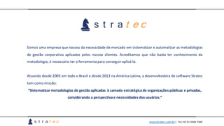 Somos uma empresa que nasceu da necessidade de mercado em sistematizar e automatizar as metodologias
de gestão corporativa aplicados pelos nossos clientes. Acreditamos que não basta ter conhecimento da
metodologia, é necessário ter a ferramenta para conseguir aplicá-la.
Atuando desde 2005 em todo o Brasil e desde 2013 na América Latina, a desenvolvedora de software Stratec
tem como missão:
“Sistematizar	metodologias	de	gestão	aplicadas	à	camada	estratégica	de	organizações	públicas	e	privadas,	
considerando	a	perspectiva	e	necessidades	dos	usuários.”
www.stratec.com.br| Tel:+55	31	3568	7260
 