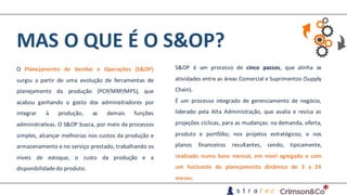 MAS	O	QUE	É	O	S&OP?
O Planejamento de Vendas e Operações (S&OP)
surgiu a partir de uma evolução de ferramentas de
planejamento da produção (PCP/MRP/MPS), que
acabou ganhando o gosto dos administradores por
integrar à produção, as demais funções
administrativas. O S&OP busca, por meio de processos
simples, alcançar melhorias nos custos da produção e
armazenamento e no serviço prestado, trabalhando os
níveis de estoque, o custo da produção e a
disponibilidadedo produto.
S&OP é um processo de cinco passos, que alinha as
atividades entre as áreas Comercial e Suprimentos (Supply
Chain).
É um processo integrado de gerenciamento de negócio,
liderado pela Alta Administração, que avalia e revisa as
projeções cíclicas, para as mudanças: na demanda, oferta,
produto e portfólio; nos projetos estratégicos; e nos
planos financeiros resultantes, sendo, tipicamente,
realizado numa base mensal, em nível agregado e com
um horizonte de planejamento dinâmico de 3 a 24
meses.
 