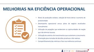MELHORIAS	NA	EFICIÊNCIA	OPERACIONAL
• Níveis de produções estáveis, redução de horas-extras e aumento de
produtividade
• Desempenho operacional versus plano de negócio atualizados
mensalmente
• Utilização de projeções que evidenciem as oportunidades de reação
que irão eliminar lacunas
• Utilização de cenários de investimentos quesustentem o crescimento
• Orientação para tomadas de decisões proativas enão reativas.
• Compartilhamento das métricas e foco nas melhorias contínuas
 