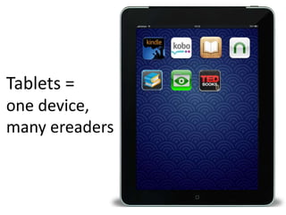 Tablets =
one device,
many ereaders
 