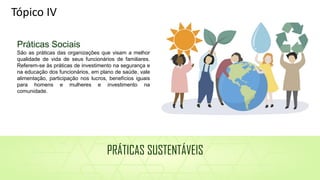 Práticas Sociais
São as práticas das organizações que visam a melhor
qualidade de vida de seus funcionários de familiares.
Referem-se às práticas de investimento na segurança e
na educação dos funcionários, em plano de saúde, vale
alimentação, participação nos lucros, benefícios iguais
para homens e mulheres e investimento na
comunidade.
Tópico IV
PRÁTICAS SUSTENTÁVEIS
 