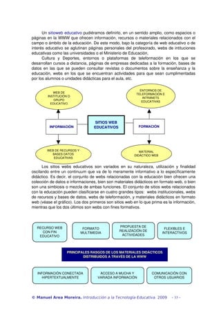 Un sitioweb educativo pudiéramos definirlo, en un sentido amplio, como espacios o 
páginas en la WWW que ofrecen información, recursos o materiales relacionados con el 
campo o ámbito de la educación. De este modo, bajo la categoría de web educativo o de 
interés educativo se aglutinan páginas personales del profesorado, webs de intituciones 
educativas como las universidades o el Ministerio de Educación,
      Cultura   y   Deportes,   entornos   o   plataformas   de   teleformación   en   los   que   se 
desarrollan cursos a distancia, páginas de empresas dedicadas a la formación, bases de 
datos en las que se pueden consultar revistas o documentos sobre la enseñanza y la 
educación, webs en los que se encuentran actividades para que sean cumplimentadas 
por los alumnos o unidades didácticas para el aula, etc.  

                                                                       ENTORNOS DE 
             WEB DE 
                                                                     TELEFORMACIÓN E 
          INSTITUCIÓN O 
                                                                         INTRANETS 
              GRUPO 
                                                                        EDUCATIVAS
            EDUCATIVO




                                         SITIOS WEB 
           INFORMACIÓN                   EDUCATIVOS                    FORMACIÓN




          WEB DE RECURSOS Y                                            MATERIAL 
            BASES DATOS                                             DIDÁCTICO WEB
             EDUCATIVAS


      Los   sitios   webs   educativos   son   variados   en   su   naturaleza,   utilización   y   finalidad 
oscilando entre un continuum que va de lo meramente informativo a lo específicamente 
didáctico. Es decir, el conjunto de webs relacionadas con la educación bien ofrecen una 
colección de datos e informaciones, bien son materiales didácticos en formato web, o bien 
son una simbiosis o mezcla de ambas funciones. El conjunto de sitios webs relacionados 
con la educación pueden clasificarse en cuatro grandes tipos:  webs institucionales, webs 
de recursos y bases de datos, webs de teleformación, y materiales didácticos en formato 
web (véase el gráfico). Los dos primeros son sitios web en lo que prima es la información, 
mientras que los dos últimos son webs con fines formativos.




   RECURSO WEB                                            PROPUESTA DE 
                                 FORMATO                                                FLEXIBLES E 
     CON FIN                                              REALIZACIÓN DE 
                                MULTIMEDIA                                             INTERACTIVOS
    EDUCATIVO                                              ACTIVIDADES




                       PRINCIPALES RASGOS DE LOS MATERIALES DIDÁCTICOS 
                               DISTRIBUIDOS A TRAVÉS DE LA WWW



   INFORMACIÓN CONECTADA                     ACCESO A MUCHA Y                   COMUNICACIÓN CON 
      HIPERTEXTUALMENTE                     VARIADA INFORMACIÓN                  OTROS USUARIOS




© Manuel Area Moreira. Introducción a la Tecnología Educativa. 2009                          - 33 -
 
