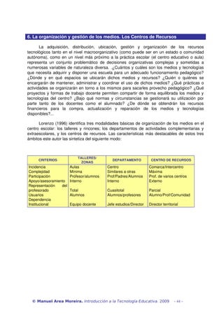 6. La organización y gestión de los medios. Los Centros de Recursos

       La   adquisición,   distribución,   ubicación,   gestión   y   organización   de   los   recursos 
tecnológicos tanto en el nivel macroorganizativo (como puede ser en un estado o comunidad 
autónoma), como en un nivel más próximo a la práctica escolar (el centro educativo o aula) 
representa   un   conjunto   problemático   de   decisiones   organizativas   complejas   y   sometidas   a 
numerosas variables de naturaleza diversa. .¿Cuántos y cuáles son los medios y tecnologías 
que necesita adquirir y disponer una escuela para un adecuado funcionamiento pedagógico? 
¿Dónde   y   en   qué   espacios   se   ubicarán   dichos   medios   y   recursos?   ¿Quién   o   quiénes   se 
encargarán de mantener, administrar y coordinar el uso de dichos medios? ¿Qué prácticas o 
actividades se organizarán en torno a los mismos para sacarles provecho pedagógico? ¿Qué 
proyectos y formas de trabajo docente permiten compartir de forma equilibrada los medios y 
tecnologías  del  centro?  ¿Bajo   qué  normas  y   circunstancias  se  gestionará  su  utilización   por 
parte   tanto   de   los   docentes   como   el   alumnado?   ¿De   dónde   se   obtendrán   los   recursos 
financieros   para   la   compra,   actualización   y   reparación   de   los   medios   y   tecnologías 
disponibles?...

      Lorenzo (1996) identifica tres modalidades básicas de organización de los medios en el 
centro escolar: los talleres y rincones; los departamentos de actividades  complementarias  y 
extraescolares, y los centros de recursos. Las características más destacables de estos tres 
ámbitos este autor las sintetiza del siguiente modo:



                               TALLERES/
       CRITERIOS                                     DEPARTAMENTO            CENTRO DE RECURSOS
                                 ZONAS
Incidencia                Aulas                  Centro                     Comarca/Intercentro
Complejidad               Mínima                 Similares a otras          Máxima
Participación             Profesor/alumnos       Prof/Padres/Alumnos        Prof. de varios centros
Apoyo/asesoramiento       Interno                Interno                    Externo
Representación   del 
profesorado               Total                  Cuasitotal                 Parcial
Usuarios                  Alumnos                Alumnos/profesores         Alumno/Prof/Comunidad
Dependencia 
Institucional             Equipo docente         Jefe estudios/Director     Director territorial




  © Manuel Area Moreira. Introducción a la Tecnología Educativa. 2009                        - 44 -
 