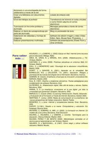 diccionario o una enciclopedia de forma 
colaborativa a través de la red
Crear una biblioteca con documentos                Listado de enlaces web
digitales
Envío de trabajos al profesor                      Transferencia de ficheros en aulas virtuales 
                                                   o como fichero adjunto en correo 
                                                   electrónico
Tutorización on line entre profesor y              Mensajes personales a través de correo 
alumnado                                           electrónico
Elaborar un diario de autoaprendizaje por          Blog y/o procesador de texto
parte del alumnado
Elaboración de videoclips y montaje de             Software de edición imagen y video (Video 
imágenes                                           Editor, Nero, Muvee Now, Photostory...)
Elaborar presentaciones multimedia                 Software de presentaciones (Power Point y 
                                                   otras similares)

  

                  AGUADED, J. I. y CABERO, J. (2002) Educar en Red. Internet como recursos  
Para saber        para la educación. Málaga, Aljibe 
  más ...         AREA,   M.,   GROS,   B.   y   MARZAL,   M.A.   (2008):  Alfabetizaciones   y   TIC.  
                  Síntesis, Madrid.
                  CASTAÑO,   C.   y   otros   (2008):  Prácticas   educativas   en   entornos   Web   2.0.  
                  Sintesis, Madrid.
                  COLL,   C.   y   MONERERO   (eds):  Psicología   de   la   educacion   virtual.Morata, 
                  Madrid, 2008.
                  DUART,   J.   y   SANGRÁ,   A.   (2001):  Aprender   en   la   virtualidad.   Bar 
                  BURBULLES,   N.C.   y   CALLISTER,   T.A.   (2001):  Educación:   Riesgos   y  
                  promesas de las nuevas tecnologías de la información. Barcelona, Granica 
                  CEBRIÁN, M. (Coord.) Enseñanza virtual para la innovación universitaria Edt. 
                  NARCEA, Madrid, 2003
                  Gros, B. (1997):  Diseños y programas educativos. Pautas pedagógicas para  
                  la elaboración de software, Barcelona, Ariel
                  GUTIÉRREZ, A.: Alfabetización digital. Más allá de teclas y ratones. Gedisa, 
                  Barcelona, 2004.
                  HANNA,   D.   E  La   enseñanza   universitaria   en   la   era   digital   ¿es   ésta   la  
                  universidad que queremos? Octaedro, Barcelona, 2002
                  MARCELO, C. (Coord) (2002): E­Learning Teleformación. Diseño, Desarrollo  
                  y Evaluación de la Formación a Través de Internet. Barcelona, Gestión 2000.
                  MARTÍNEZ, F. (comp.) (2003) Redes de comunicación en la enseñanza: las  
                  nuevas perspectivas del trabajo corporativo. Madrid, Paidós
                  MONEREO,   C.   y  otros:  Internet   y  competencias   básicas.  Graó,   Barcelona, 
                  2005
                  PAPERT,   S.(1981):  Desafío   a   la   mente.  Computadoras   y   educación.   Ed. 
                  Galápago, Buenos Aires
                  REPARAZ, C; SOBRINO, A.; MIR, J.I. (2003):  La formación en Internet. Un  
                  modelo de curso online. Barcelona, Ariel Educación
                  SALINAS,   J.,   AGUADED,   I.   y   CABERO,   J.   (coords):  Tecnologías   para   la  
                  educación.. Alianza Editorial, Madrid, 2004.
                  SALINAS,   PEREZ   Y   DE   BENITO   (2008):  Metodologías   centradas   en   el  
                  alumno para el aprendizaje en red. Sintesis, Madrid.
                  SQUIRES,   D.   y   McDOUGALL.,   A   (1997).  Cómo   elegir   y   utilizar   software  
                  educativo. Madrid: Morata.




 © Manuel Area Moreira. Introducción a la Tecnología Educativa. 2009                          - 76 -
 