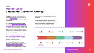 El vídeo es un formato extremadamente
versátil, que podemos utilizar a lo largo de
todo el viaje del cliente para incrementar las
conversiones:
En la fase de adquisición, el vídeo puede
ayudarnos a convertir visitantes en leads y
leads en clientes. Por ejemplo, puedes incluir
un vídeo de presentación de la empresa en tu
página de inicio, crear tutoriales en vídeo de
tus productos o usar vídeos para comunicar
las últimas novedades.
En la fase de adopción, los vídeos se utilizan
para mostrar el valor de tu producto, por
ejemplo, a través de reseñas de expertos,
webinars o casos prácticos.
En la fase de ﬁdelización, los vídeos de
branding pueden ayudarte a convertir a tus
clientes en embajadores de marca con
contenidos como trailers, consejos, vídeos
sobre la cultura de la empresa y escenas entre
bastidores.
El vídeo también puede ser un formato para
crear contenido atemporal y obtener resultados
durante mucho tiempo, combinando dos
tendencias de inbound marketing en una.
142
Uso del vídeo
a través del Customer Journey
Fuente imagen: Doppler
Tendencias y Predicciones de Marketing Digital 2023
#108
 