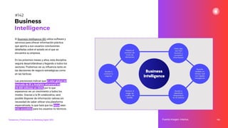 El Business Intelligence (BI) utiliza software y
servicios para ofrecer información práctica
que aporta a sus usuarios conclusiones
detalladas sobre el estado en el que se
encuentra su empresa.
En los próximos meses y años, esta disciplina
seguirá desarrollándose y llegando a todos los
sectores. Podremos ver su inﬂuencia tanto en
las decisiones de negocio estratégicas como
en las tácticas.
Las previsiones indican que el valor global del
mercado de BI y Analytics alcanzará los
18.000 millones en 2025, por lo que
esperamos ver un crecimiento a todos los
niveles. Gracias a la BI colaborativa, será
posible disponer de información valiosa sin
necesidad de saber utilizar una plataforma
especializada, lo que hará que los datos sean
más accesibles para los usuarios no técnicos.
182
Fuente imagen: Interius
Business
Intelligence
#142
Tendencias y Predicciones de Marketing Digital 2023
 
