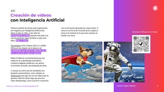 Parecía cuestión de tiempo que la generación
de imágenes por inteligencia artiﬁcial (IA)
diese el salto al vídeo, y han sido los
investigadores de Meta quienes han dado con
una herramienta capaz de llevar a cabo esta
labor: Make-A-Video.
Tecnologías como Craiyon, DALL-E o Stable
Diffusion han dejado ver el abanico de
posibilidades que ofrece la utilización de IA
en la creación de imágenes digitales.
Make-A-Video es una herramienta que, por
medio de IA y aprendizaje automático,
combina imágenes estáticas y les aporta
movimiento al recibir una búsqueda de texto.
Y, aunque es cierto que los resultados son
bastante sorprendentes, como señalan en
TechCrunch, hay algo raro en los vídeos que se
generan. Muchos tienen algo que provoca
cierto desasosiego, como ocurre en ocasiones
73
Fuente imagen: MetaAI
Creación de vídeos
con Inteligencia Artiﬁcial
#51
Tendencias y Predicciones de Marketing Digital 2023
con la animación generada por stop-motion. A
veces es la forma de moverse de los objetos y
otras es la manera en la que unos cuerpos se
funden con otros.
Escanea el QR para ver el vídeo
 