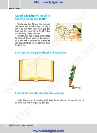http://sach.tgm.vn
 ADAM KHOO




                                                                              om
        BAÏN ÑAÕ SAÜN SAØNG VEÕ SÔ ÑOÀ TÖ
        DUY CUÛA RIEÂNG BAÏN CHÖA?
             Ñeán luùc naøy, baïn ñaõ naém vöõng ñöôïc caùc
        böôùc taïo ra moät Sô Ñoà Tö Duy. Sau ñaây laø




                                                             i.c
        moät ví duï thöïc haønh khaùc nhaèm giuùp baïn
        thaønh thaïo hôn trong vieäc veõ Sô Ñoà Tö Duy
        tröôùc khi sang chöông tieáp theo.
             Ñaàu tieân, baïn haõy söû duïng phöông phaùp




                                                          io
        ñoïc hieäu quaû ñeå ñoïc moät trích ñoaïn töø saùch
        ñòa lyù beân döôùi vaø thu thaäp caùc töø khoùa. Keá
        tieáp, chuaån bò taát caû vaät lieäu caàn thieát ñeå veõ
        Sô Ñoà Tö Duy.

                                              ig


                                                                                          n
        1. Moät hoaëc hai trang giaáy traéng côõ A4 hoaëc lôùn hôn.
                      ta


                                                                                        .v
                                                                             m
                    oi
           .t


                                                                   tg
 w


                                                          h.
w

                                           ac
w




        2. Moät boä buùt maøu. Neân choïn loaïi buùt coù ñaàu nhoïn.
                            /s




            Tuyeät! Baây giôø baïn ñaõ saün saøng ñeå veõ Sô Ñoà Tö Duy cuûa baïn. Khi hoaøn taát, baïn coù
        theå tham khaûo moät ví duï giaûi ñaùp phía sau.
           /
   t    p:
ht




 106 - TÔI TÀI GIỎI, BẠN CŨNG THẾ!


                                     www.toitaigioi.com
 