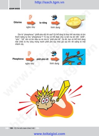 http://sach.tgm.vn
 ADAM KHOO




                                                                              om
      Chlorine                           lo-rieâng
                       nghe nhö                          hình dung




                                                        i.c
           Coøn töø “phosphorus” (phoát-pho-rôùt) thì sao? Coù theå duøng töø thay theá naøo khaùc coù aâm
        thanh töông töï nhö “phosphorus”? Töø naøy coù theå ñöôïc chia ra laøm ba aâm tieát: “phoát”,




                                                     io
        “pho”, “rôùt” neân coù aâm ñieäu na naù nhö laø “phôùt phô rôùt”. Do ñoù, baïn coù theå hình dung
        moät chieác laù thu vaøng mong manh phôùt phô bay theo gioù sau khi rôùt xuoáng töø moät
        nhaùnh caây.



                                          ig


                                                                                         n
                     ta


                                                                                       .v
    Phosphorus                        phôùt-phô-rôùt




                                                                            m
                   oi

                      nghe nhö                          hình dung
          .t


                                                                tg
 w


                                                     h.
w

                                       ac
w

          /               /s
   t   p:
ht




 126 - TÔI TÀI GIỎI, BẠN CŨNG THẾ!


                                  www.toitaigioi.com
 