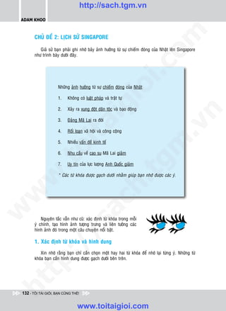 http://sach.tgm.vn
 ADAM KHOO




                                                                             om
        CHUÛ ÑEÀ 2: LÒCH SÖÛ SINGAPORE

           Giaû söû baïn phaûi ghi nhôù baûy aûnh höôûng töø söï chieám ñoùng cuûa Nhaät leân Singapore
        nhö trình baøy döôùi ñaây.




                                                         i.c
                                                      io
                      Nhöõng aûnh höôûng töø söï chieám ñoùng cuûa Nhaät

                      1.   Khoâng coù luaät phaùp vaø traät töï

                      2.

                                          ig
                           Xaûy ra xung ñoät daân toäc vaø baïo ñoäng




                                                                                        n
                      3.   Ñaûng Maõ Lai ra ñôøi
                     ta


                                                                                      .v
                      4.   Roái loaïn xaõ hoäi vaø coâng coäng




                                                                           m
                      5.   Nhieàu vaán ñeà kinh teá
                   oi

                      6.   Nhu caàu veà cao su Maõ Lai giaûm
          .t


                      7.   Uy tín cuûa löïc löôïng Anh Quoác giaûm
                                                                  tg
 w



                      * Caùc töø khoùa ñöôïc gaïch döôùi nhaèm giuùp baïn nhôù ñöôïc caùc yù.
                                                      h.
w

                                       ac
w




            Nguyeân taéc vaãn nhö cuõ: xaùc ñònh töø khoùa trong moãi
                           /s



        yù chính, taïo hình aûnh töôïng tröng vaø lieân töôûng caùc
        hình aûnh ñoù trong moät caâu chuyeän noåi baät.

        1. Xaùc ñònh töø khoùa vaø hình dung
          /




           Xin nhôù raèng baïn chæ caàn choïn moät hay hai töø khoùa ñeå nhôù laïi töøng yù. Nhöõng töø
       p:




        khoùa baïn caàn hình dung ñöôïc gaïch döôùi beân treân.
   t
ht




 132 - TÔI TÀI GIỎI, BẠN CŨNG THẾ!


                                 www.toitaigioi.com
 