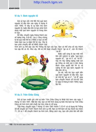 http://sach.tgm.vn
 ADAM KHOO




                                                                              om
        Ví duï 1: Bom nguyeân töû

            Giaû söû baïn caàn nhôù Myõ thaû quaû bom
        nguyeân töû ñaàu tieân vaøo ngaøy 6 thaùng 8
        naêm 1945. Vì ñaây laø söï kieän thaû bom




                                                        i.c
        nguyeân töû, böôùc ñaàu tieân laø baïn phaûi hình
        dung moät quaû bom nguyeân töû trong taâm
        trí baïn.
            Keá tieáp, chuyeån ngaøy thaùng thaønh caùc




                                                     io
        soá töông öùng, 6-8-45. Löu yù raèng chuùng
        ta boû qua moät theá kyû (1900) vì baïn coù theå
        hoaøn toaøn suy ra ñöôïc theá kyû naøy. Vaäy laø
        baïn phaûi chuyeån ñoåi soá 6845 thaønh moät


                                          ig
        hình aûnh cuï theå döïa vaøo Heä Thoáng Soá baïn vöøa hoïc. Baïn coù theå chia soá naøy thaønh




                                                                                         n
        hai caëp 68 vaø 45. Nhö vaäy, 68 coù theå ñöôïc chuyeån thaønh “gaø vaø où”, coøn 45 thaønh
                                                               “rôi loã”.
                     ta


                                                                                       .v
                                                                    Böôùc cuoái cuøng laø taïo moät moái
                                                               lieân keát nghòch lyù giöõa “quaû bom
                                                               nguyeân töû”, “gaø vaø où” vaø “rôi loã”.




                                                                            m
                   oi

                                                               Vaäy thì haõy töôûng töôïng moät con
                                                               gaø troáng vaø moät con où ñen ñang
                                                               ñaùnh nhau quyeát lieät thì bò rôi
                                                               xuoáng loã khi quaû bom nguyeân töû
          .t


                                                                tg
                                                               ñaàu tieân noå ra.
                                                                    Do ñoù, moãi khi baïn nghó ñeán
 w



                                                               quaû bom nguyeân töû ñaàu tieân, baïn
                                                    h.
                                                               seõ nhôù tôùi “gaø vaø où”, “rôi loã” giuùp
                                                               baïn chuyeån thaønh soá 6-8-45 (töùc
w




                                                               laø ngaøy 6 thaùng 8 naêm 1945) ngay
                                                               laäp töùc.
                                       ac
w

                          /s



        Ví duï 2: Traân Chaâu Caûng

            Giaû söû baïn muoán ghi nhôù söï kieän Traân Chaâu Caûng bò Nhaät thaû bom vaøo ngaøy 7
        thaùng 12 naêm 1941. Moät laàn nöõa, baïn coù theå hình dung söï kieän thaû bom taïi Traân Chaâu
          /




        Caûng vôùi hình aûnh moät chuoãi haït traân chaâu bò noå tung.
            Tieáp theo, chuyeån ngaøy 7 thaùng 12 naêm 1941 thaønh 7-12-41 vaø söû duïng Heä Thoáng
       p:




        Soá ñeå chuyeån soá 71241 thaønh hình aûnh cuï theå. Baïn coù theå taùch soá naøy thaønh ba nhoùm
        71, 24 vaø 1 ñeå chuyeån thaønh ba hình aûnh. Baèng caùch naøy, baïn caàn phaûi lieân keát boán
   t
ht




 152 - TÔI TÀI GIỎI, BẠN CŨNG THẾ!


                                  www.toitaigioi.com
 