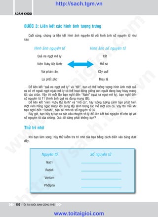 http://sach.tgm.vn
 ADAM KHOO




                                                                                     om
        BÖÔÙC 3: Lieân keát caùc hình aûnh töôïng tröng

           Cuoái cuøng, chuùng ta lieân keát hình aûnh nguyeân toá vôùi hình aûnh soá nguyeân töû nhö
        sau:




                                                             i.c
                 Hình aûnh nguyeân toá                                 Hình aûnh soá nguyeân töû

                    Quaû na ngoït meâ ly                                            Taát




                                                          io
                    Vieân Ruby laáp laùnh                                        Moå caù

                        Voi phaøm aên                                          Caây queá


                                              ig


                                                                                                  n
                         Laù phaát phô                                          Thay laù
                      ta
             Ñeå lieân keát “quaû na ngoït meâ ly” vaø “taát”, baïn coù theå töôûng töôïng hình aûnh moät quaû




                                                                                                .v
        na coù veû ngoaøi ngoït ngaøo meâ ly coù theå hoaït ñoäng gioáng con ngöôøi ñang loay hoay mang
        taát vaøo chaân. Vaäy thì moãi laàn baïn nghó ñeán “Natri” (quaû na ngoït meâ ly), baïn nghó ñeán
        soá nguyeân töû 11 (hình aûnh quaû na ñang mang taát).




                                                                                    m
                    oi

             Ñeå lieân keát “vieân Ruby laáp laùnh” vaø “moå caù”, haõy töôûng töôïng caûnh baïn phaùt hieän
        moät vieân hoàng ngoïc Ruby lôùn saùng laáp laùnh trong luùc moå moät con caù. Vaäy thì moãi khi
        baïn nghó ñeán “Rubiñi”, baïn seõ nhôù tôùi soá nguyeân töû 37.
           .t


                                                                      tg
             Baây giôø, baïn haõy töï taïo ra caùc caâu chuyeän voâ lyù ñeå lieân keát hai nguyeân toá coøn laïi vôùi
        soá nguyeân töû cuûa chuùng. Quaù deã daøng phaûi khoâng baïn?
 w


                                                         h.
        Thöû trí nhôù
w




            Khi baïn laøm xong, haõy thöû kieåm tra trí nhôù cuûa baïn baèng caùch ñieàn vaøo baûng döôùi
                                          ac


        ñaây.
w




                        Nguyeân toá                                    Soá nguyeân töû
                            /s




                             Natri
          /




                            Rubiñi
       p:




                           Vonfam

                           Phoátpho
   t
ht




 156 - TÔI TÀI GIỎI, BẠN CŨNG THẾ!


                                     www.toitaigioi.com
 