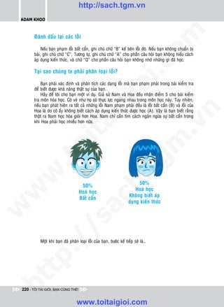 http://sach.tgm.vn
 ADAM KHOO




                                                                                    om
        Ñaùnh daáu laïi caùc loãi

             Neáu baïn phaïm loãi baát caån, ghi chuù chöõ “B” keá beân loãi ñoù. Neáu baïn khoâng chuaån bò
        baøi, ghi chuù chöõ “C”. Töông töï, ghi chuù chöõ “A” cho phaàn caâu hoûi baïn khoâng hieåu caùch
        aùp duïng kieán thöùc, vaø chöõ “Q” cho phaàn caâu hoûi baïn khoâng nhôù nhöõng gì ñaõ hoïc.




                                                           i.c
        Taïi sao chuùng ta phaûi phaân loaïi loãi?

            Baïn phaûi xaùc ñònh vaø phaân tích caùc daïng loãi maø baïn phaïm phaûi trong baøi kieåm tra




                                                        io
        ñeå bieát ñöôïc khaû naêng thaät söï cuûa baïn.
            Haõy ñeå toâi cho baïn moät ví duï. Giaû söû Nam vaø Hoa ñeàu nhaän ñieåm 5 cho baøi kieåm
        tra moân hoùa hoïc. Coù veû nhö hoï coù thöïc löïc ngang nhau trong moân hoïc naøy. Tuy nhieân,


                                            ig
        neáu baïn phaùt hieän ra taát caû nhöõng loãi Nam phaïm phaûi ñeàu laø loãi baát caån (B) vaø loãi cuûa




                                                                                             n
        Hoa laø do coâ aáy khoâng bieát caùch aùp duïng kieán thöùc ñöôïc hoïc (A). Vaäy laø baïn bieát raèng
        thaät ra Nam hoïc hoùa gioûi hôn Hoa. Nam chæ caàn tìm caùch ngaên ngöøa söï baát caån trong
                      ta
        khi Hoa phaûi hoïc nhieàu hôn nöõa.




                                                                                           .v
                                                                                m
                    oi
           .t


                                                                   tg
 w


                                                       h.
                                                                          50%
                                      50%
                                                                         Hoaù hoïc
w




                                     Hoaù hoïc
                                                                     Khoâng bieát aùp
                                        ac


                                     Baát caån
                                                                     duïng kieán thöùc
w

          /                /s




           Moät khi baïn ñaõ phaân loaïi loãi cuûa baïn, böôùc keá tieáp seõ laø…
   t   p:
ht




 220 - TÔI TÀI GIỎI, BẠN CŨNG THẾ!


                                   www.toitaigioi.com
 
