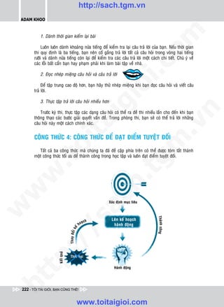 http://sach.tgm.vn
 ADAM KHOO




                                                                                   om
            1. Daønh thôøi gian kieåm laïi baøi

             Luoân luoân daønh khoaûng nöûa tieáng ñeå kieåm tra laïi caâu traû lôøi cuûa baïn. Neáu thôøi gian
        thi quy ñònh laø ba tieáng, baïn neân coá gaéng traû lôøi taát caû caâu hoûi trong voøng hai tieáng
        röôõi vaø daønh nöûa tieáng coøn laïi ñeå kieåm tra caùc caâu traû lôøi moät caùch chi tieát. Chuù yù veà
        caùc loãi baát caån baïn hay phaïm phaûi khi laøm baøi taäp veà nhaø.




                                                           i.c
            2. Ñoïc nheùp mieäng caâu hoûi vaø caâu traû lôøi

             Ñeå taäp trung cao ñoä hôn, baïn haõy thöû nheùp mieäng khi baïn ñoïc caâu hoûi vaø vieát caâu




                                                        io
        traû lôøi.

            3. Thöïc taäp traû lôøi caâu hoûi nhieàu hôn


                                            ig


                                                                                               n
            Tröôùc kyø thi, thöïc taäp caùc daïng caâu hoûi coù theå ra ñeà thi nhieàu laàn cho ñeán khi baïn
        thoâng thaïo caùc böôùc giaûi quyeát vaán ñeà. Trong phoøng thi, baïn seõ coù theå traû lôøi nhöõng
                      ta


                                                                                             .v
        caâu hoûi naøy moät caùch chính xaùc.


        COÂNG THÖÙC 4: COÂNG THÖÙC ÑEÅ ÑAÏT ÑIEÅM TUYEÄT ÑOÁI




                                                                                  m
                    oi

           Taát caû ba coâng thöùc maø chuùng ta ñaõ ñeà caäp phía treân coù theå ñöôïc toùm taét thaønh
        moät coâng thöùc toái öu ñeå thaønh coâng trong hoïc taäp vaø luoân ñaït ñieåm tuyeät ñoái.
           .t


                                                                      tg
 w


                                                       h.
w

                                            ac


                                                           Xaùc ñònh muïc tieâu
w

                           /s



                                                            Leân keá hoaïch
                                                             haønh ñoäng
          /
       p:




                               Thaát baïi


                                                              Haønh ñoäng
   t
ht




 222 - TÔI TÀI GIỎI, BẠN CŨNG THẾ!


                                   www.toitaigioi.com
 