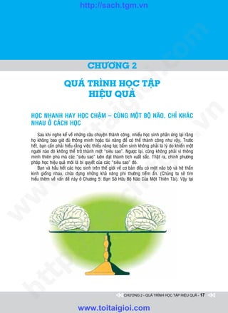 http://sach.tgm.vn




                                                                                om
                                       CHÖÔNG 2




                                                         i.c
                        QUAÙ TRÌNH HOÏC TAÄP




                                                      io
                             HIEÄU QUAÛ

                                          ig


                                                                                            n
    HOÏC NHANH HAY HOÏC CHAÄM – CUØNG MOÄT BOÄ NAÕO, CHÆ KHAÙC
    NHAU ÔÛ CAÙCH HOÏC
                    ta


                                                                                          .v
        Sau khi nghe keå veà nhöõng caâu chuyeän thaønh coâng, nhieàu hoïc sinh phaûn öùng laïi raèng
    hoï khoâng bao giôø ñuû thoâng minh hoaëc taøi naêng ñeå coù theå thaønh coâng nhö vaäy. Tröôùc




                                                                              m
                  oi

    heát, baïn caàn phaûi hieåu raèng vieäc thieáu naêng löïc baåm sinh khoâng phaûi laø lyù do khieán moät
    ngöôøi naøo ñoù khoâng theå trôû thaønh moät “sieâu sao”. Ngöôïc laïi, cuõng khoâng phaûi vì thoâng
    minh thieân phuù maø caùc “sieâu sao” luoân ñaït thaønh tích xuaát saéc. Thaät ra, chính phöông
         .t


                                                                 tg
    phaùp hoïc hieäu quaû môùi laø bí quyeát cuûa caùc “sieâu sao” ñoù.
        Baïn vaø haàu heát caùc hoïc sinh treân theá giôùi veà cô baûn ñeàu coù moät naõo boä vaø heä thaàn
    kinh gioáng nhau, chöùa ñöïng nhöõng khaû naêng phi thöôøng tieàm aån. (Chuùng ta seõ tìm
 w



    hieåu theâm veà vaán ñeà naøy ôû Chöông 5: Baïn Sôû Höõu Boä Naõo Cuûa Moät Thieân Taøi). Vaäy taïi
                                                     h.
w

                                       ac
w

         /               /s
   t  p:
ht




                                                              CHƯƠNG 2 - QUÁ TRÌNH HỌC TẬP HIỆU QUẢ - 17


                                 www.toitaigioi.com
 