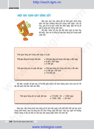 http://sach.tgm.vn
 ADAM KHOO




                                                                                  om
            MOÄT BAØI TOAÙN GAÂY SÖÛNG SOÁT

                                                   Baây giôø, baïn haõy coäng taát caû thôøi gian (tính theo
                                              giôø) maø baïn thöôøng laõng phí trong moät ngaøy. Laáy soá
                                              naøy, giaû söû laø 6 giôø, nhaân leân 365 ngaøy. Baïn seõ coù soá




                                                           i.c
                                              giôø bò laõng phí trong moät naêm.
                                                   Keá tieáp, nhaân soá naøy leân 80 naêm (giaû söû baïn thoï
                                              80 tuoåi), baïn seõ coù toång soá giôø baïn laõng phí trong suoát
                                              cuoäc ñôøi.




                                                        io
                                             ig


                                                                                              n
                      ta


                                                                                            .v
            Thôøi gian laõng phí trong moät ngaøy = 6 giôø




                                                                                m
            Thôøi gian laõng phí trong moät naêm       = Thôøi gian laõng phí trong moät ngaøy x 365 ngaøy
                    oi

                                                       = 6 giôø x 365 ngaøy
                                                       = 2.190 giôø
          .t


            Thôøi gian laõng phí caû cuoäc ñôøi baïn
                                                                   tg
                                                       = Thôøi gian laõng phí trong moät naêm x 80 naêm
                                                       = 2.190 giôø x 80 naêm
 w



                                                       = 175.200 giôø
                                                       h.
w

                                         ac


             Keá tieáp, chuyeån soá giôø naøy (175.200 giôø) thaønh soá naêm baèng caùch chia cho 24 roài
        laáy keát quaû chia laàn nöõa cho 365.
w

                           /s




                Thôøi gian laõng phí caû cuoäc ñôøi baïn       = 175.200 / 24 = 7.300 ngaøy
                                                               = 7.300 / 365 = 20 naêm
          /
       p:




            Nhö vaäy, neáu trung bình baïn laõng phí 6 giôø moät ngaøy (raát phoå bieán ñoái vôùi hoïc sinh
        trung bình khaù), baïn seõ laõng phí 20 naêm trong cuoäc ñôøi baïn. Haõy suy nghó veà nhöõng
        thaønh coâng vó ñaïi coù theå coù neáu baïn taän duïng ñöôïc theâm 20 naêm ñoù.
   t
ht




 228 - TÔI TÀI GIỎI, BẠN CŨNG THẾ!


                                   www.toitaigioi.com
 
