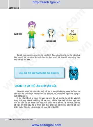http://sach.tgm.vn
 ADAM KHOO




                                                                              om
                                                         i.c
        CAÛM XUÙC                                                                        KEÁT QUAÛ




                                                      io
                                                       HAØNH ÑOÄNG



                                          ig


                                                                                          n
                      ta


                                                                                        .v
            Baïn ñaõ nhaän ra ñöôïc caûm xuùc cheá ngöï haønh ñoäng cuûa chuùng ta nhö theá naøo chöa.
        Neáu baïn coù theå hoïc caùch laøm chuû caûm xuùc, baïn seõ coù theå laøm chuû haønh ñoäng cuõng




                                                                             m
                    oi

        nhö keát quaû ñaït ñöôïc.
          .t


                                                                tg
 w



               CAÛM xUÙC CHEÁ NGÖÏ HAØNH ÑOÄNG CUÛA CHUÙNG TA
                                                     h.
w

                                       ac


         CHUÙNG TA COÙ THEÅ LAØM CHUÛ CAÛM XUÙC
w

                          /s



             Ñaùng tieác, nhieàu hoïc sinh caûm thaáy baát löïc vì hoï nghó raèng hoï khoâng theå laøm chuû
        caûm xuùc. Hoï chaáp nhaän nhöõng caûm xuùc ñang coù, ñeå chuùng cheá ngöï haønh ñoäng vaø
        cuoäc soáng cuûa hoï.
             Ví duï, neáu thaày coâ la maéng hoï hoaëc hoï xung ñoät vôùi baïn beø, hoï seõ laâm vaøo tình
          /




        traïng thaát voïng naõo neà vaø khoâng theå hoïc ñöôïc. Neáu hoï ñöôïc thaày coâ khen ngôïi hoaëc
        laøm baøi kieåm tra toát, hoï seõ caûm thaáy phaán chaán, vui veû ñeå hoïc. Teä hôn nöõa, vaøo moät
       p:




        soá ngaøy khi thöùc daäy, hoï töï nhieân caûm thaáy chaùn naûn löôøi bieáng. Vaøo moät soá ngaøy
        khaùc, hoï laïi thöùc daäy vôùi caûm giaùc raát haêng haùi phaán khôûi.
   t
ht




 240 - TÔI TÀI GIỎI, BẠN CŨNG THẾ!


                                  www.toitaigioi.com
 