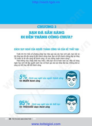http://sach.tgm.vn
 ADAM KHOO




                                                                               om
                                           CHÖÔNG 3




                                                         i.c
                      BAÏN ÑAÕ SAÜN SAØNG




                                                      io
                  ÑI ÑEÁN THAØNH COÂNG CHÖA?


                                           ig


                                                                                           n
        CAÙCH SUY NGHÓ CUÛA NGÖÔØI THAØNH COÂNG VAØ CUÛA KEÛ THAÁT BAÏI
                     ta


                                                                                         .v
             Tröôùc khi tìm hieåu veà phöông phaùp hoïc hieäu quaû cuûa caùc hoïc sinh gioûi, baïn caàn töï
        hoûi raèng baïn ñaõ saün saøng ñi ñeán thaønh coâng chöa. Baïn coù theå nhanh choùng ñaùp laïi raèng




                                                                             m
                   oi

        “Dó nhieân laø toâi saün saøng ñeå thaønh coâng. Ai maø chaúng muoán thaønh coâng!”.
             Thaät khoâng may (hoaëc thaät may maén), ñieàu baïn noùi laø hoaøn toaøn sai. Maëc duø haøng
        ngaøn hoïc sinh ñaõ ñoïc quyeån saùch naøy vaø tham gia vaøo caùc khoùa ñaøo taïo, khoâng phaûi ai
           .t


        cuõng coù theå thay ñoåi ñeå thaønh coâng.
                                                                 tg
 w


                                                     h.

               5%           - Caùch suy nghó cuûa ngöôøi thaønh coâng
w




               Toâi MUOÁN thaønh coâng
                                        ac
w

           /              /s




               95%
        p:




                           - Caùch suy nghó cuûa keû thaát baïi
               Toâi THÍCH/ÖÔÙC ñöôïc thaønh coâng
   t
ht




 26 - TÔI TÀI GIỎI, BẠN CŨNG THẾ!


                                    www.toitaigioi.com
 