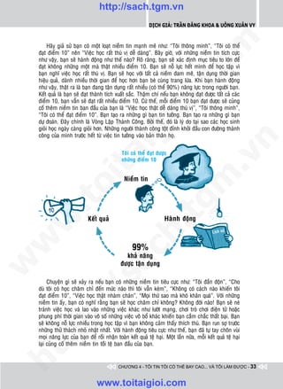 http://sach.tgm.vn
                                                              Dịch giả: Trần Đăng Khoa & Uông xUân vy




                                                                                  om
         Haõy giaû söû baïn coù moät loaït nieàm tin maïnh meõ nhö: “Toâi thoâng minh”, “Toâi coù theå
    ñaït ñieåm 10” neân “Vieäc hoïc raát thuù vò deã daøng”. Baây giôø, vôùi nhöõng nieàm tin tích cöïc
    nhö vaäy, baïn seõ haønh ñoäng nhö theá naøo? Roõ raøng, baïn seõ xaùc ñònh muïc tieâu to lôùn ñeå
    ñaït khoâng nhöõng moät maø thaät nhieàu ñieåm 10. Baïn seõ noã löïc heát mình ñeå hoïc taäp vì
    baïn nghó vieäc hoïc raát thuù vò. Baïn seõ hoïc vôùi taát caû nieàm ñam meâ, taän duïng thôøi gian
    hieäu quaû, daønh nhieàu thôøi gian ñeå hoïc hôn baïn beø cuøng trang löùa. Khi baïn haønh ñoäng




                                                          i.c
    nhö vaäy, thaät ra laø baïn ñang taän duïng raát nhieàu (coù theå 90%) naêng löïc trong ngöôøi baïn.
    Keát quaû laø baïn seõ ñaït thaønh tích xuaát saéc. Thaäm chí neáu baïn khoâng ñaït ñöôïc taát caû caùc
    ñieåm 10, baïn vaãn seõ ñaït raát nhieàu ñieåm 10. Cöù theá, moãi ñieåm 10 baïn ñaït ñöôïc seõ cuûng
    coá theâm nieàm tin ban ñaàu cuûa baïn laø “Vieäc hoïc thaät deã daøng thuù vò”, “Toâi thoâng minh”,




                                                       io
    “Toâi coù theå ñaït ñieåm 10”. Baïn taïo ra nhöõng gì baïn tin töôûng. Baïn taïo ra nhöõng gì baïn
    döï ñoaùn. Ñaây chính laø Voøng Laëp Thaønh Coâng. Bôûi theá, ñoù laø lyù do taïi sao caùc hoïc sinh
    gioûi hoïc ngaøy caøng gioûi hôn. Nhöõng ngöôøi thaønh coâng toät ñænh khôûi ñaàu con ñöôøng thaønh


                                           ig
    coâng cuûa mình tröôùc heát töø vieäc tin töôûng vaøo baûn thaân hoï.




                                                                                              n
                                               Toâi coù theå ñaït ñöôïc
                    ta


                                                                                            .v
                                               nhöõng ñieåm 10




                                                                                m
                                                 Nieàm tin
                  oi
         .t


                                                                   tg
                             Keát quaû                                Haønh ñoäng
 w


                                                      h.
                                                                                               Lòch söû
w




                                                     99%
                                        ac


                                                 khaû naêng
w




                                               ñöôïc taän duïng
                          /s



         Chuyeän gì seõ xaûy ra neáu baïn coù nhöõng nieàm tin tieâu cöïc nhö: “Toâi ñaàn ñoän”, “Cho
    duø toâi coù hoïc chaêm chæ ñeán möùc naøo thì toâi vaãn keùm”, “Khoâng coù caùch naøo khieán toâi
    ñaït ñieåm 10”, “Vieäc hoïc thaät nhaøm chaùn”, “Moïi thöù sao maø khoù khaên quaù”. Vôùi nhöõng
    nieàm tin aáy, baïn coù nghó raèng baïn seõ hoïc chaêm chæ khoâng? Khoâng ñôøi naøo! Baïn seõ neù
         /




    traùnh vieäc hoïc vaø lao vaøo nhöõng vieäc khaùc nhö löôùt maïng, chôi troø chôi ñieän töû hoaëc
    phung phí thôøi gian vaøo voâ soá nhöõng vieäc voâ boå khaùc khieán baïn caàm chaéc thaát baïi. Baïn
      p:




    seõ khoâng noã löïc nhieàu trong hoïc taäp vì baïn khoâng caûm thaáy thích thuù. Baïn run sôï tröôùc
    nhöõng thöû thaùch nhoû nhaët nhaát. Vôùi haønh ñoäng tieâu cöïc nhö theá, baïn ñaõ töï tay choân vuøi
    moïi naêng löïc cuûa baïn ñeå roài nhaän toaøn keát quaû teä haïi. Moät laàn nöõa, moãi keát quaû teä haïi
   t




    laïi cuûng coá theâm nieàm tin toài teä ban ñaàu cuûa baïn.
ht




                                             CHƯƠNG 4 - TÔI TIN TÔI CÓ THỂ BAY CAO... VÀ TÔI LÀM ĐƯỢC - 33



                                  www.toitaigioi.com
 