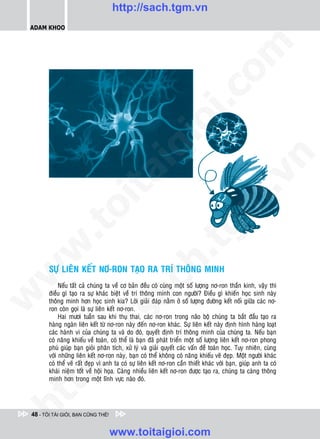 http://sach.tgm.vn
 ADAM KHOO




                                                                                  om
                                                           i.c
                                                        io
                                            ig


                                                                                              n
                      ta


                                                                                            .v
                                                                                m
                    oi
           .t


                                                                   tg
 w


                                                       h.

        SÖÏ LIEÂN KEÁT NÔ-RON TAÏO RA TRÍ THOÂNG MINH
w

                                         ac


             Neáu taát caû chuùng ta veà cô baûn ñeàu coù cuøng moät soá löôïng nô-ron thaàn kinh, vaäy thì
        ñieàu gì taïo ra söï khaùc bieät veà trí thoâng minh con ngöôøi? Ñieàu gì khieán hoïc sinh naøy
w




        thoâng minh hôn hoïc sinh kia? Lôøi giaûi ñaùp naèm ôû soá löôïng ñöôøng keát noái giöõa caùc nô-
        ron coøn goïi laø söï lieân keát nô-ron.
                           /s



             Hai möôi tuaàn sau khi thuï thai, caùc nô-ron trong naõo boä chuùng ta baét ñaàu taïo ra
        haøng ngaøn lieân keát töø nô-ron naøy ñeán nô-ron khaùc. Söï lieân keát naøy ñònh hình haøng loaït
        caùc haønh vi cuûa chuùng ta vaø do ñoù, quyeát ñònh trí thoâng minh cuûa chuùng ta. Neáu baïn
        coù naêng khieáu veà toaùn, coù theå laø baïn ñaõ phaùt trieån moät soá löôïng lieân keát nô-ron phong
           /




        phuù giuùp baïn gioûi phaân tích, xöû lyù vaø giaûi quyeát caùc vaán ñeà toaùn hoïc. Tuy nhieân, cuøng
        vôùi nhöõng lieân keát nô-ron naøy, baïn coù theå khoâng coù naêng khieáu veõ ñeïp. Moät ngöôøi khaùc
        p:




        coù theå veõ raát ñeïp vì anh ta coù söï lieân keát nô-ron caàn thieát khaùc vôùi baïn, giuùp anh ta coù
        khaùi nieäm toát veà hoäi hoïa. Caøng nhieàu lieân keát nô-ron ñöôïc taïo ra, chuùng ta caøng thoâng
        minh hôn trong moät lónh vöïc naøo ñoù.
   t
ht




 48 - TÔI TÀI GIỎI, BẠN CŨNG THẾ!


                                    www.toitaigioi.com
 