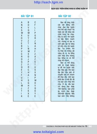 http://sach.tgm.vn
                                 Dịch giả: Trần Đăng Khoa & Uông xUân vy




                                                   om
     BAØI TAÄP B1                         BAØI TAÄP B2

     A     B        C                         Baïn ñaõ töøng thaáy
     N     D        F                    caùc vaän ñoäng vieân
     K     V        L                    chaïy ñua taäp luyeän




                               i.c
     S     Q        I                    nhö theá naøo chöa? Hoï
                                         buoäc caùc vaät naëng vaøo
     W     M        P
                                         chaân trong luùc chaïy.
     X     U        G                    Ñaây laø caùch reøn luyeän




                            io
     O     Y        R                    cô baép theâm maïnh
     V     Z        J                    meõ, nhöng noù taïo ra
     E     T        N                    caûm giaùc cöïc kyø naëng
     B     L        A

                        ig               neà khoù chòu khi luyeän




                                                                n
     P     N        H                    taäp. Tuy nhieân, khi
     V     W        F                    hoï thaùo boû nhöõng vaät
           ta
                                         naëng ñoù ra, hoï boãng




                                                              .v
     C     X        Z
                                         caûm thaáy nheï nhaøng
     R     O        A
                                         bay boång vaø coù theå
     D     J        Z                    chaïy raát nhanh.




                                                 m
         oi

     G     P        K                         Baïn coù theå duøng
     Z     F        T                    moät kyõ thuaät töông
     Q     R        U                    töï ñeå reøn luyeän vieäc
    .t


     E
     Y
           C
           H
                    S
                    X
                                    tg   ñoïc hieäu quaû. Khi baïn
                                         taäp ñoïc hieäu quaû, di
     F     A        N                    chuyeån buùt chì nhanh
 w



     U     I        P                    ñeå thuùc ñaåy maét baïn
                           h.
                                         phaûi ñoïc ôû moät toác ñoä
     H     S        W
                                         maø baïn caûm thaáy khoù
     L     G        D
w




                                         chòu. Ví duï, neáu baïn
     M     H        V
                        ac


                                         chæ ñang ñoïc ñöôïc
     J     Z        Q                    100 töø/phuùt, baïn phaûi
w




     T     K        O                    eùp mình ñoïc ñöôïc
     I     X        Y                    300-400 töø/phuùt. Neáu
           /s



     K     E        E                    baïn caûm thaáy khoâng
       /
   tp:
ht




                           CHƯƠNG 6 - PHƯƠNG PHÁP HỌC ĐỂ NẮM BẮT THÔNG TIN - 73


                www.toitaigioi.com
 