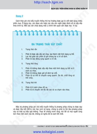 http://sach.tgm.vn
                                                            Dịch giả: Trần Đăng Khoa & Uông xUân vy




                                                                                om
       Daïng 2

       Caùch thöùc ghi chuù kieåu truyeàn thoáng thöù hai thöôøng ñöôïc goïi laø vieát döôùi daïng nhieàu
    phaàn muïc. ÔÛ daïng naøy, caùc ñoaïn vaên hoaëc caùc caâu vaên ngaén ñöôïc ñaùnh soá vaø saép xeáp
    theo trình töï. Moãi caâu vaên chöùa ñöïng moät yù chính lieân quan caàn ñöôïc hoïc. Ví duï:




                                                         i.c
                                                      io
                               BA TRAÏNG THAÙI VAÄT CHAÁT

                                            ig


                                                                                            n
                I.    Traïng thaùi raén
                       ta


                                                                                          .v
                1.    Phaân töû ñöôïc saép xeáp saùt nhau, taïo thaønh moät hình daïng cuï theå.
                2.    Löïc huùt giöõa caùc phaân töû giöõ chuùng taïi vò trí coá ñònh.
                3.    Phaân töû dao ñoäng xung quanh vò trí ñoù.




                                                                              m
                     oi

                II.   Traïng thaùi loûng

                1.    Phaân töû khoâng ñöôïc saép xeáp theo moät hình daïng cuï theå vaø ôû
         .t


                      caùch xa nhau.
                                                                 tg
                2.    Phaân töû khoâng ñöôïc giöõ coá ñònh taïi choã.
 w



                3.    Phaân töû coù theå di chuyeån xung quanh. Do ñoù, chaát loûng coù
                      theå chaûy.
                                                     h.

                III. Traïng thaùi khí
w

                                        ac


                1.    Phaân töû ôû caùch nhau raát xa.
                2.    Phaân töû di chuyeån vôùi toác ñoä cao vaø va chaïm vaøo nhau.
w

         /               /s




        Maëc duø phöông phaùp ghi chuù kieåu truyeàn thoáng laø phöông phaùp chuùng ta ñöôïc daïy
    vaø ñöôïc haàu heát (95%) caùc hoïc sinh söû duïng, chuùng ta phaûi töï hoûi lieäu phöông phaùp
      p:




    naøy coù thaät söï hieäu quaû khoâng. Thöïc teá chöùng minh raèng, khi taát caû moïi ngöôøi cuøng
    laøm theo moät caùch naøo ñoù, khoâng coù nghóa ñoù laø caùch toát nhaát.
   t
ht




                                          CHƯƠNG 7 - SƠ ĐỒ TƯ DUY (MIND MAPPING®) CÔNG CỤ GHI CHÚ TỐI ƯU - 79



                                 www.toitaigioi.com
 