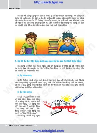 http://sach.tgm.vn
 ADAM KHOO




                                                                                 om
              Baïn coù theå töôûng töôïng baïn coù bao nhieâu lôïi theá so vôùi baïn beø khoâng? Khi caàn phaûi
         oân laïi baøi tröôùc ngaøy thi, baïn coù theå oân laïi toaøn boä chöông saùch daøi 20 trang chæ baèng
         vieäc oân laïi 2-3 trang Sô Ñoà Tö Duy. Baïn cuûa baïn coù theå phaûi maát moät tieáng ñeå hoaøn
         taát vieäc oân laïi cuøng moät chöông saùch maø vaãn coù theå boû soùt thoâng tin, trong khi baïn
         chæ caàn 20 phuùt ñeå oân laïi toaøn boä kieán thöùc moät caùch hoaøn chænh.




                                                           i.c
                                                        io
                                              ig


                                                                                              n
                       ta


                                                                                            .v
         2. Sô Ñoà Tö Duy taän duïng ñöôïc caùc nguyeân taéc cuûa Trí Nhôù Sieâu Ñaúng




                                                                                m
                     oi

             Baïn cuõng seõ nhaän thaáy raèng, ngoaøi vieäc taän duïng caùc töø khoùa, Sô Ñoà Tö Duy coøn
         taän duïng ñöôïc caùc nguyeân taéc cuûa Trí Nhôù Sieâu Ñaúng, vaø nhôø ñoù taêng khaû naêng tieáp
            .t


         thu vaø nhôù baøi nhanh cuûa baïn.
                                                                   tg
 w



             A. Söï hình dung
                                                       h.
            Sô Ñoà Tö Duy coù raát nhieàu hình aûnh ñeå baïn hình dung veà kieán thöùc caàn nhôù. Ñaây laø
w




         moät trong nhöõng nguyeân taéc quan troïng nhaát cuûa Trí Nhôù Sieâu Ñaúng. Ñoái vôùi naõo boä,
         Sô Ñoà Tö Duy gioáng nhö moät böùc tranh lôùn ñaày hình aûnh maøu saéc phong phuù hôn laø
                                          ac


         moät baøi hoïc khoâ khan, nhaøm chaùn.
w




             B. Söï lieân töôûng
                            /s



              Sô Ñoà Tö Duy hieån thò söï lieân
         keát giöõa caùc yù töôûng moät caùch
         raát roõ raøng. Ví duï, baïn coù theå
         nhìn thaáy ngay “Taùc ñoäng thôøi
           /




         tieát” bao goàm 3 loaïi taùc ñoäng
         (“Taùc ñoäng boùc moøn”, “Taùc
        p:




         ñoäng cô hoïc”, “Taùc ñoäng hoùa
         hoïc”) vaø “Möùc ñoä taùc ñoäng”.
              Baïn cuõng coù theå thaáy ngay
   t
ht




 84 - TÔI TÀI GIỎI, BẠN CŨNG THẾ!


                                     www.toitaigioi.com
 