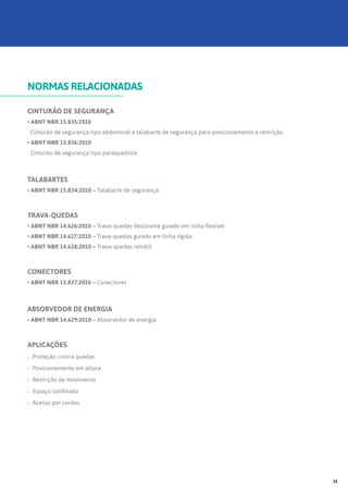 CINTURÃO DE SEGURANÇA
• ABNT NBR 15.835:2010
Cinturão de segurança tipo abdominal e talabarte de segurança para posicionamento e restrição
• ABNT NBR 15.836:2010
Cinturão de segurança tipo paraquedista
TALABARTES
• ABNT NBR 15.834:2010 – Talabarte de segurança
TRAVA-QUEDAS
• ABNT NBR 14.626:2010 – Trava-quedas deslizante guiado em linha flexível
• ABNT NBR 14.627:2010 – Trava-quedas guiado em linha rígida
• ABNT NBR 14.628:2010 – Trava-quedas retrátil
CONECTORES
• ABNT NBR 15.837:2010 – Conectores
ABSORVEDOR DE ENERGIA
• ABNT NBR 14.629:2010 – Absorvedor de energia
APLICAÇÕES
›› Proteção contra quedas
›› Posicionamento em altura
›› Restrição de movimento
›› Espaço confinado
›› Acesso por cordas
NORMAS RELACIONADAS
15
 