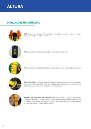 A/2: Etiqueta de indicação de engate para proteção contra queda e que os engates
devem ser usados simultaneamente.
A: Etiqueta de indicação de engate para proteção contra queda.
A↑: Etiqueta de indicação de engates para proteção contra queda na parte superior.
Carga Máxima 5 kg: Etiqueta de identificação para o suporte que é projetado para
uma carga máxima de 5 kg. Pode ser utilizado para “descanso” dos conectores do
talabarte, suporte de outros conectores ou ferramentas.
Etiqueta de Indicador de Impacto: Após uma queda, a costura da etiqueta
“Indicador de Impacto” é rompida, indicando que o equipamento deve ser descartado.
O sistema incorporado ao cinturão permite ao usuário que, em suas inspeções
prévias, identifique o risco à sua segurança.
MARCAÇÕES NO CINTURÃO
ALTURA
18
 