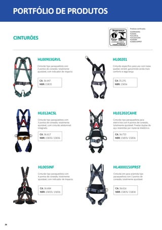 PORTFÓLIO DE PRODUTOS
CINTURÕES
HL00903GRVL
HL012ACSL
HL005INF
HL00201
HL01202CAHE
HL4000150PRST
Cinturão tipo paraquedista com
2 pontos de conexão, totalmente
ajustável, com indicador de impacto.
Cinturão tipo paraquedista com
3 pontos de conexão, totalmente
ajustável, com cinturão abdominal
integrado.
Cinturão tipo paraquedista com
4 pontos de conexão, totalmente
ajustável, com indicador de impacto.
Cinturão específico para uso com trava-
quedas retrátil, garantindo ainda mais
conforto e segurança.
Cinturão tipo paraquedista para
eletricista com 4 pontos de conexão,
totalmente ajustável. Fivelas duplas de
aço revestidas por material dielétrico.
Cinturão em para-aramida tipo
paraquedista com 3 pontos de
conexão, totalmente ajustável.
CA: 36.647
NBR: 15835
CA: 36.617
NBR: 15835/ 15836
CA: 36.684
NBR: 15835/ 15836
CA: 35.191
NBR: 15836
CA: 36.733
NBR: 15835/ 15836
CA: 36.616
NBR: 15835/ 15836
Produtos certificados
HL00903GRVL
HL00201
HL012ACSL
HL01202CAHE
HL005INF
HL4000150PRST
26
 