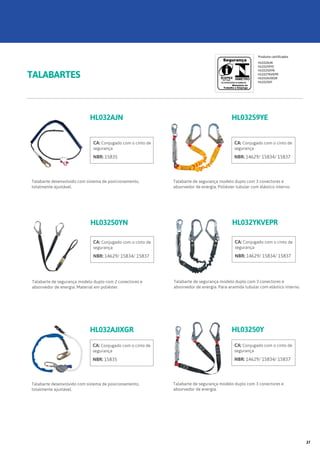 TALABARTES
HL032AJN HL03259YE
HL03250YN
HL032AJIXGR
Talabarte desenvolvido com sistema de posicionamento,
totalmente ajustável.
Talabarte de segurança modelo duplo com 3 conectores e
absorvedor de energia. Poliéster tubular com elástico interno.
Talabarte de segurança modelo duplo com 2 conectores e
absorvedor de energia. Material em poliéster.
Talabarte desenvolvido com sistema de posicionamento,
totalmente ajustável.
CA: Conjugado com o cinto de
segurança
NBR: 15835
CA: Conjugado com o cinto de
segurança
NBR: 14629/ 15834/ 15837
CA: Conjugado com o cinto de
segurança
NBR: 14629/ 15834/ 15837
CA: Conjugado com o cinto de
segurança
NBR: 15835
HL032YKVEPR
HL03250Y
Talabarte de segurança modelo duplo com 3 conectores e
absorvedor de energia. Para-aramida tubular com elástico interno.
Talabarte de segurança modelo duplo com 3 conectores e
absorvedor de energia.
CA: Conjugado com o cinto de
segurança
NBR: 14629/ 15834/ 15837
CA: Conjugado com o cinto de
segurança
NBR: 14629/ 15834/ 15837
Produtos certificados
HL032AJN
HL03259YE
HL03250YN
HL032YKVEPR
HL032AJIXGR
HL03250Y
27
 